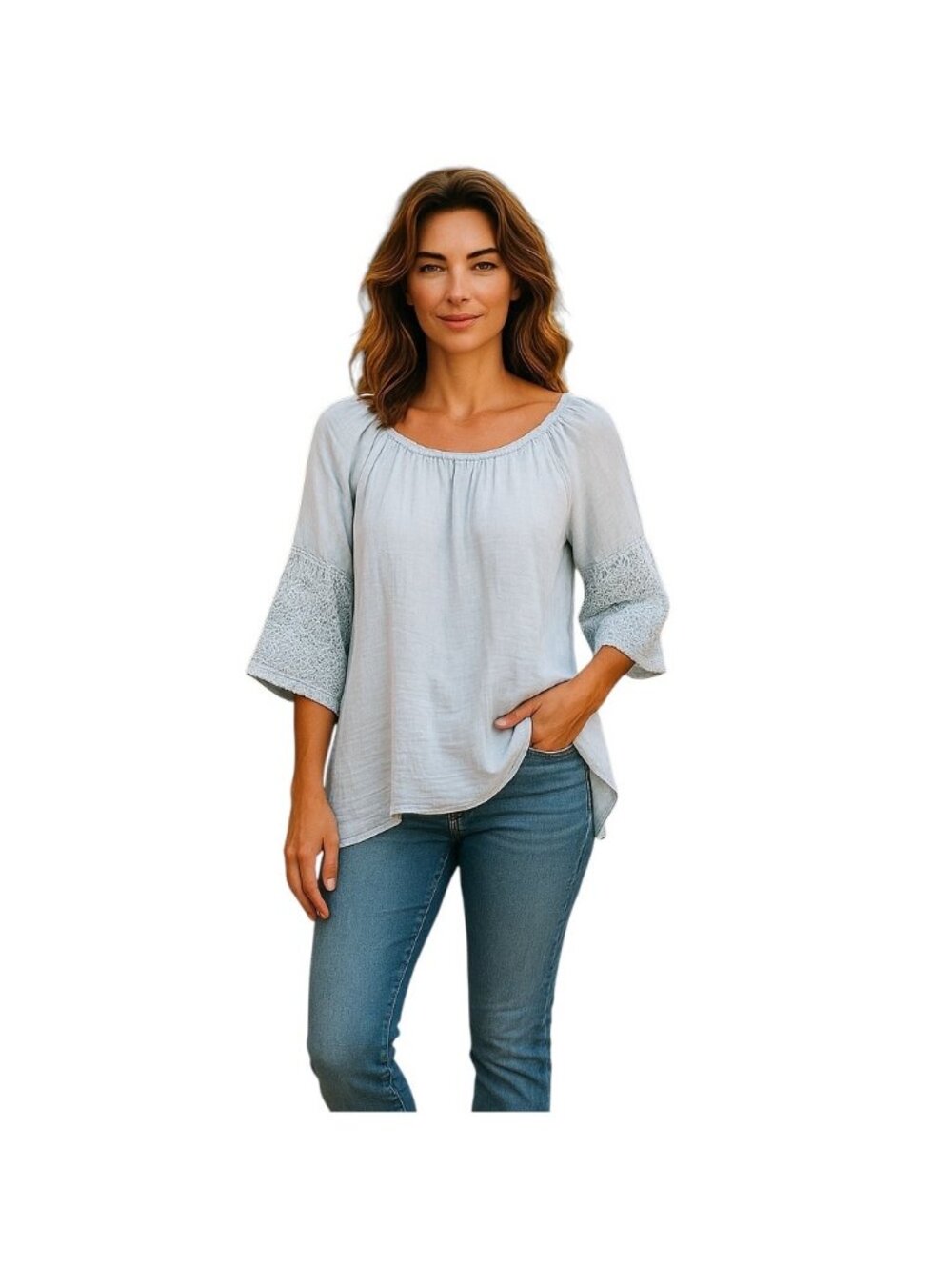 Soft Surroundings Eyelet Linen Blouse Light Blue Size L Boho Coastal Beach Cute
